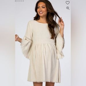 Beige Raw Edge Bell Sleeve Babydoll Dress